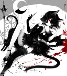  1girl absurdres animal_ears artist_name bangs bare_shoulders black_cat blood cat cat_ears cat_tail crescent detached_sleeves dress elbow_gloves garter_straps gloves hands_up high_heels highres holding holding_knife holding_weapon knee_up knife limited_palette looking_at_viewer original red_eyes sheya short_hair signature single_glove single_thighhigh solo spot_color strapless strapless_dress tail thigh-highs thighs weapon white_background 