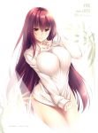 1girl bottomless breasts choco_chip clothes_pull collar_tug commentary_request curtains eyebrows_visible_through_hair fate/grand_order fate_(series) hair_intakes indoors large_breasts light_blush long_hair long_sleeves looking_at_viewer no_panties plant purple_hair red_eyes ribbed_sweater scathach_(fate)_(all) scathach_(fate/grand_order) see-through smile solo sweater sweater_pull thighs thighs_together turtleneck turtleneck_sweater