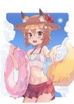  1girl :d animal_ear_fluff animal_ears bangs bare_arms bare_shoulders bikini_top black_bikini_top blue_sky blush brown_eyes brown_hair brown_headwear clouds commentary_request day eyebrows_visible_through_hair fang fox_ears fox_girl fox_tail hair_between_eyes hat highres holding holding_innertube innertube looking_at_viewer navel newey open_mouth outdoors pleated_skirt red_skirt ribbon_trim see-through senko_(sewayaki_kitsune_no_senko-san) sewayaki_kitsune_no_senko-san skirt sky smile solo sun_hat tail transparent 