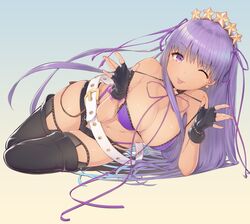  1girl absurdres bangs bare_shoulders bb_(fate)_(all) bb_(swimsuit_mooncancer)_(fate) bead_bracelet beads bikini black_garter_belt black_gloves black_legwear black_shorts blush bracelet breasts cleavage collarbone dark_skin earrings fate/grand_order fate_(series) fingerless_gloves gloves gradient gradient_background gradient_hair hair_ribbon highres jewelry large_breasts long_hair looking_at_viewer lying multicolored_hair navel neck_ribbon on_side purple_bikini purple_hair purple_ribbon ribbon short_shorts shorts smile solo star star_earrings swimsuit tan thigh-highs thighs tiara tongue tongue_out urigarasu very_long_hair violet_eyes winkah_jio 