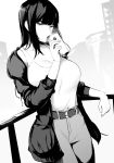  1girl absurdres bangs belt breasts coffee_cup cup disposable_cup drinking greyscale highres jacket large_breasts long_hair looking_at_viewer monochrome naoko_(9113419) open_clothes open_jacket original pants white_tank_top 