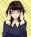  1girl :d akishima bangs black_hair blue_shirt cross cuff_links glasses green_eyes hands_up jewelry long_sleeves looking_at_viewer necklace open_mouth original shirt short_hair smile solo twintails upper_body yellow_background 