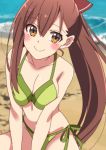  1girl absurdres beach bikini blush breasts brown_eyes brown_hair cleavage closed_mouth eyebrows_visible_through_hair gakkou_gurashi! green_bikini hair_between_eyes highres long_hair looking_at_viewer medium_breasts mole mole_under_eye ponytail sand side-tie_bikini sinakyo smile solo swimsuit wakasa_yuuri 