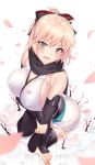  1girl absurdres black_bow black_legwear black_scarf blonde_hair blush bow breasts cherry_blossoms eyebrows_visible_through_hair fate_(series) from_above hair_bow highres koha-ace large_breasts looking_at_viewer okita_souji_(fate) okita_souji_(fate)_(all) open_mouth petals scarf sitting solo suigetsu_(hjs1106) teeth thigh-highs wariza yellow_eyes 