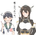  2girls ahoge black_gloves black_hair closed_eyes elbow_gloves facing_viewer fingerless_gloves gloves green_eyes green_sailor_collar grin hairband headband headgear itomugi-kun kantai_collection long_hair lower_teeth multiple_girls nagato_(kantai_collection) open_mouth remodel_(kantai_collection) sailor_collar sailor_shirt school_uniform serafuku shirt short_hair simple_background smile teeth toothbrush upper_body upper_teeth ushio_(kantai_collection) white_background 