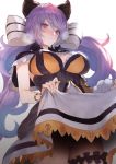  1girl black_capelet blurry blush breasts capelet closed_mouth commentary_request cowboy_shot depth_of_field doushite dress dress_lift frills from_below garters granblue_fantasy hair_ribbon heavy_breathing large_breasts lavender_hair leg_garter lifted_by_self long_hair looking_at_viewer low_twintails ribbon satyr_(granblue_fantasy) solo thigh_strap thighs twintails very_long_hair violet_eyes wavy_hair 