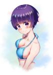  1girl bangs blue_background blue_bikini_top blunt_bangs blush breasts cleavage collarbone cropped_torso eromanga_sensei eyebrows_visible_through_hair gradient gradient_background halterneck highres looking_at_viewer medium_breasts purple_hair senju_muramasa shiny shiny_hair shiny_skin short_hair sideboob smile softwareworker upper_body violet_eyes white_background 