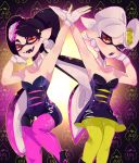  2girls :d armpits black_hair breasts character_request cleavage detached_collar domino_mask gloves highres long_hair looking_at_viewer mask multiple_girls one_eye_closed open_mouth orange_eyes pink_legwear pointy_ears short_hair sideboob smile splatoon_(series) suction_cups tentacle_hair thick_eyebrows white_gloves white_hair wing_collar yellow_legwear 