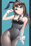  1girl animal_ears black_hair black_legwear black_leotard black_neckwear blue_background breasts bunny_girl bunnysuit commentary_request cowboy_shot detached_collar frown green_eyes highres idolmaster idolmaster_cinderella_girls leotard looking_at_viewer medium_breasts necktie pantyhose pataniito rabbit_ears shibuya_rin solo standing strapless strapless_leotard two-tone_background wrist_cuffs 