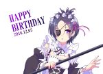  1girl birthday blush breasts chrome_dokuro cleavage commentary_request dress eyepatch happy_birthday katekyo_hitman_reborn looking_at_viewer purple_hair short_hair simple_background solo violet_eyes weapon white_background 