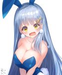  1girl animal_ears bare_shoulders bettle_(b_s_a_n) blue_hair breast_hold breasts bunny_girl bunny_tail bunnysuit cleavage crying crying_with_eyes_open earrings fake_animal_ears fang hair_ornament hairband highres jewelry large_breasts long_hair looking_at_viewer open_mouth oshiro_project_re peterhof_(oshiro_project) pom_pom_earrings rabbit_ears simple_background solo tail tears upper_body very_long_hair wavy_mouth white_background yellow_eyes 