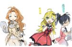  3girls ;d ahoge antenna_hair bangs bat_hair_ornament black_gloves black_hair blonde_hair blush_stickers brown_jacket brown_legwear brown_pants dress eyebrows_visible_through_hair fingerless_gloves fingernails ganaha_hibiki gloves green_eyes grey_hair hair_between_eyes hair_ornament hand_to_own_mouth high_heels highres holding holding_sword holding_weapon hoshii_miki idolmaster idolmaster_cinderella_girls idolmaster_million_live! jacket long_hair multiple_girls my_dear_vampire nikaidou_chizuru one_eye_closed open_mouth out_of_frame pants pantyhose ponytail puffy_short_sleeves puffy_sleeves red_dress red_footwear red_nails shijou_takane shirt short_sleeves simple_background sketch sleeveless sleeveless_dress smile spawnfoxy standing standing_on_one_leg sword translation_request very_long_hair weapon white_background white_shirt 