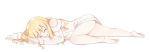  1girl ass bare_legs bare_shoulders barefoot blonde_hair blush closed_eyes eyebrows_visible_through_hair full_body highres idolmaster idolmaster_cinderella_girls long_hair lying nabu_(xday) on_side ootsuki_yui simple_background smile solo sweater wavy_hair white_background white_sweater 