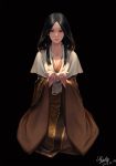  1girl bangs black_background black_hair brown_eyes capelet collarbone cupping_hands dated divine_child_of_rejuvenation full_body japanese_clothes kimono lips long_hair looking_at_viewer nose parted_bangs rice seiza sekiro:_shadows_die_twice sidelocks signature sitting solo wide_sleeves yu_xiang_qiezi 