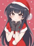 1girl bangs black_hair blush brown_eyes capelet closed_mouth ddak5843 dress eyebrows_visible_through_hair fur-trimmed_capelet fur-trimmed_hat fur_trim gloves grey_gloves hands_up hat idolmaster idolmaster_shiny_colors long_hair looking_at_viewer mayuzumi_fuyuko red_background red_capelet red_dress red_headwear santa_costume santa_hat simple_background smile solo upper_body very_long_hair