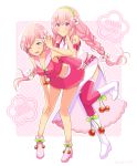  2girls ;d alternate_color alternate_costume alternate_eye_color alternate_hair_color alternate_hairstyle arm_rest armpit_peek bare_legs bare_shoulders blush boots braid breasts character_name cherry cherry_blossoms cleavage commentary detached_sleeves eyebrows_visible_through_hair eyelashes floating_hair flower food food_themed_ornament fruit full_body green_hairband hair_flower hair_ornament hairband hand_in_hair hand_on_own_cheek leaning leaning_forward long_skirt looking_at_viewer medium_breasts megurine_luka meiko multiple_girls nokuhashi number_tattoo one_eye_closed open_mouth pink_background pink_eyes pink_flower pink_footwear pink_hair pink_legwear pink_skirt pink_tank_top polka_dot polka_dot_background sakura_luka sakura_meiko short_hair shoulder_tattoo simple_background skirt smile standing standing_on_one_leg tank_top tattoo thigh-highs twin_braids vocaloid white_background white_footwear 