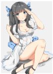  1girl absurdres black_footwear black_hair blue_bow blue_eyes blush bow breasts chestnut_mouth choker cleavage dress full_body grey_background hair_ornament hairclip highres long_hair looking_at_viewer medium_breasts original qianxiaolin sitting solo underwear white_choker white_dress 