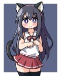  1girl animal_ear_fluff animal_ears bangs bare_shoulders black_hair black_legwear blush cat_ears cat_girl cat_tail closed_mouth collarbone collared_shirt commentary_request eyebrows_visible_through_hair fake_animal_ears hair_between_eyes hairband hana_kazari highres long_hair neck_ribbon paw_pose pink_hairband pleated_skirt purple_background red_ribbon red_skirt ribbon shirosaki_hana shirt skirt sleeveless sleeveless_shirt smile solo tail thigh-highs two-tone_background very_long_hair violet_eyes watashi_ni_tenshi_ga_maiorita! white_background white_shirt 