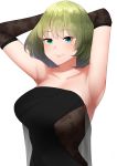  1girl absurdres armpits arms_behind_head black_dress black_gloves blue_eyes breasts dress elbow_gloves fishnet_gloves fishnets gloves green_eyes green_hair heterochromia highres idolmaster idolmaster_cinderella_girls idolmaster_cinderella_girls_starlight_stage looking_at_viewer medium_breasts mole mole_under_eye senju_(snz0) short_hair simple_background smile solo strapless strapless_dress takagaki_kaede unmoving_pattern upper_body white_background 