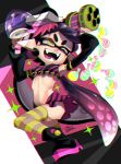 1girl :d ;d alternate_costume arms_up black_footwear boots breasts burst_bomb_(splatoon) callie_(splatoon) chromatic_aberration detached_sleeves domino_mask earrings fangs food food_on_head gradient_hair hair_rings highres isamu-ki_(yuuki) jewelry long_hair long_sleeves mask mini_splatling_(splatoon) miniskirt mole mole_under_eye multicolored_hair navel object_on_head one_eye_closed open_mouth pink_hair pointy_ears purple_hair signature skirt small_breasts smile solo sparkle splatoon_(series) striped striped_legwear striped_skirt suction_cups teeth tentacle_hair thigh-highs two-tone_hair v-shaped_eyebrows very_long_hair wristband yellow_eyes