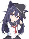 1girl :o akatsuki_(kantai_collection) anchor_symbol animal_ears bangs black_headwear black_sailor_collar black_skirt blush cat_ears commentary_request eyebrows_visible_through_hair flat_cap hair_between_eyes hat head_tilt highres ichi kantai_collection kemonomimi_mode long_hair long_sleeves necktie parted_lips pinching_sleeves pleated_skirt purple_hair red_neckwear sailor_collar shirt simple_background skirt sleeves_past_wrists solo very_long_hair violet_eyes white_background white_shirt 