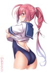  1girl ahoge arched_back ass blush bow butt_crack cowboy_shot ebifurya eyebrows_visible_through_hair from_side hair_bow hair_ribbon highres i-168_(kantai_collection) kantai_collection long_hair looking_at_viewer low_ponytail one-piece_swimsuit pink_hair ponytail redhead ribbon school_swimsuit school_uniform serafuku short_sleeves solo swimsuit swimsuit_under_clothes thighs twitter_username undressing very_long_hair 