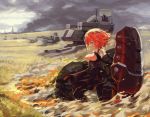  1girl absurdres black_dress breasts character_request clouds cloudy_sky copyright_request dress field fire from_side gauntlets grey_eyes highres looking_to_the_side mecha outdoors puribate_(helgoland) redhead short_hair sky 