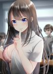 1girl 3boys :d bangs blue_eyes blue_nails blurry blurry_background blush bra breasts brown_hair closed_mouth commentary_request depth_of_field desk eyebrows_visible_through_hair finger_to_mouth fingernails highres indoors large_breasts long_hair multiple_boys nail_polish nekobaka open_clothes open_mouth open_shirt original pink_bra school_desk school_uniform shirt short_sleeves shushing smile solo_focus underwear very_long_hair white_shirt window 