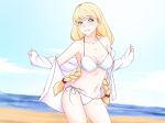  1girl beach bikini blonde_hair blue_eyes blush braid breasts collarbone day deredereday everlasting_summer eyebrows_visible_through_hair hair_ribbon long_hair medium_breasts navel ocean open_mouth outdoors ribbon sand shirt slavya-chan smile solo sunlight swimsuit twin_braids very_long_hair white_bikini 