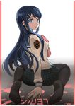  1girl arm_support bangs black_legwear blood blood_splatter blue_eyes blue_hair blue_sailor_collar dangan_ronpa dangan_ronpa_1 floating_hair green_skirt hair_ornament hairclip haun long_hair long_sleeves looking_at_viewer looking_back maizono_sayaka miniskirt pantyhose pink_neckwear plaid plaid_skirt sailor_collar skirt smile solo spoilers sweater swept_bangs very_long_hair white_background white_sweater 