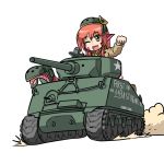  1girl ;d caterpillar_tracks chibi commission crossover eyebrows_visible_through_hair fang ground_vehicle hair_between_eyes hair_ornament hairclip happy helmet highres imperium lamia looking_at_viewer miia_(monster_musume) military military_uniform military_vehicle monster_girl monster_musume_no_iru_nichijou motor_vehicle one_eye_closed open_mouth pointy_ears redhead scales simple_background smile smoke solo tail tank transparent_background uniform war_thunder yellow_eyes 