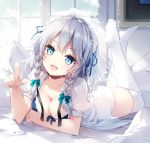  1girl :d bangs black_ribbon blue_bra blue_eyes blush bow bra braid breasts cleavage collarbone collared_shirt commentary_request day eyebrows_visible_through_hair feet feet_up hair_bow hair_ribbon hand_up head_tilt headdress index_finger_raised izayoi_sakuya lace_trim legs_crossed legs_up light_particles long_hair looking_at_viewer lying maid_headdress medium_breasts mochizuki_shiina no_shoes on_bed on_stomach open_clothes open_mouth open_shirt pillow pointing pointing_at_viewer puffy_short_sleeves puffy_sleeves revision ribbon shirt short_hair short_sleeves silver_hair smile solo the_pose thigh-highs thighs touhou twin_braids underwear white_legwear white_shirt window 