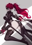  1girl artist_name ass big_ass big_breasts black_jacket black_legwear black_leotard breasts coattails cropped_jacket frilled_sleeves frills gloves gun hair_ribbon high_heels jacket leotard liyart long_hair looking_at_viewer mask persona persona_5 persona_5_the_royal ponytail red_eyes red_gloves redhead ribbon scabbard sheath smile solo sword thigh-highs weapon yoshizawa_kasumi 