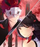  1boy 1girl absurdres adam_taurus artist_name bangs black_hair blake_belladonna bow close-up face forest highres horns leaf lips mask nature red_background redhead rwby sunnypoppy tree wind yellow_eyes 