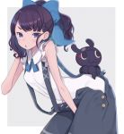  1girl :3 :o alternate_hairstyle asymmetrical_hair baggy_pants bangs bare_shoulders black_hair blue_eyes blush braid casual eyebrows_visible_through_hair fate/grand_order fate_(series) hair_ribbon katsushika_hokusai_(fate/grand_order) looking_at_viewer overalls pants ponytail ribbon shirt simple_background swept_bangs tokitarou_(fate/grand_order) totatokeke white_shirt 