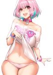  1girl absurdres bare_shoulders blue_hair bracelet breasts collar collarbone earrings eyebrows_visible_through_hair fang highres idolmaster idolmaster_cinderella_girls jewelry knatb large_breasts lifted_by_self looking_at_viewer multicolored_hair navel open_mouth panties pink_eyes pink_hair pink_panties shirt short_hair short_sleeves simple_background solo t-shirt two-tone_hair underwear white_background yumemi_riamu 
