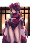  1girl absurdres backlighting bangs blush breasts clothes_lift fate/grand_order fate_(series) flower hair_flower hair_ornament hairpin highleg highleg_swimsuit highres japanese_clothes katsushika_hokusai_(fate/grand_order) kimono kimono_lift looking_at_viewer obi one-piece_swimsuit parted_lips purple_hair purple_kimono purple_swimsuit sash short_hair small_breasts smile solo standing swept_bangs swimsuit swimsuit_under_clothes thighs ulrich_(tagaragakuin) violet_eyes wide_sleeves 