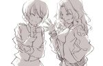  2girls blush bomber_jacket closed_eyes cowboy_shot darjeeling girls_und_panzer greyscale hand_in_pocket jacket kay_(girls_und_panzer) laughing long_hair mituki_(mitukiiro) monochrome multiple_girls saunders_school_uniform school_uniform st._gloriana&#039;s_military_uniform white_background 