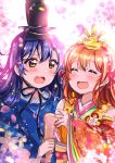  2girls absurdres bangs blue_hair blush closed_eyes commentary_request eyebrows_visible_through_hair floral_print hair_between_eyes hair_ornament highres holding hoshizora_rin japanese_clothes long_hair long_sleeves love_live! love_live!_school_idol_festival love_live!_school_idol_project multiple_girls open_mouth orange_hair short_hair smile sonoda_umi wide_sleeves yellow_eyes 