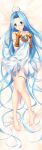  1girl absurdres ahoge armlet barefoot bed_sheet blue_eyes blue_hair blush bridal_gauntlets chestnut_mouth dakimakura dress from_above full_body granblue_fantasy hair_intakes highres long_hair looking_at_viewer lyria_(granblue_fantasy) on_bed open_mouth shiny shiny_hair short_dress sleeveless sleeveless_dress solo strapless strapless_dress thighlet unosuke very_long_hair white_dress 