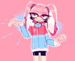  1girl :d abstract bike_shorts blush character_request domino_mask drawstring eyebrows_visible_through_hair large_hands long_arms long_sleeves looking_at_viewer mask open_mouth pink_background pink_hair smile solo splatoon_(series) standing suction_cups tentacle_hair thick_eyebrows 
