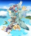  1girl absurdres blue_eyes blue_sky blush_stickers claws clouds feathers flying goggles goggles_on_head greaves highres ibuki_(xenoblade) island looking_at_viewer monster_girl nintendo ocean sky tail xenoblade_(series) xenoblade_2 