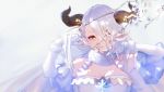  1girl bare_shoulders blue_hair blush breasts draph elbow_gloves flower fur_trim gloves granblue_fantasy hair_between_eyes hair_flower hair_ornament horns izmir large_breasts light_smile lips long_hair looking_at_viewer mole mole_under_mouth nido_celisius pink_lips pointy_ears red_eyes solo upper_body very_long_hair white_gloves 