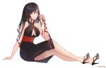  1girl absurdres black_dress black_hair breasts cleavage dress high_heels highres ilja layered_dress long_hair looking_at_viewer lying orange_eyes original smile solo white_background 