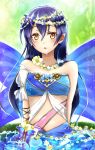  1girl arms_behind_back asymmetrical_sleeves blue_bra blue_hair blue_wings blurry blurry_background blush bra butterfly_hair_ornament butterfly_wings collarbone detached_sleeves earrings flower hair_between_eyes hair_flower hair_ornament head_wreath jewelry lens_flare long_hair looking_at_viewer love_live! love_live!_school_idol_festival love_live!_school_idol_project midriff open_mouth pointy_ears see-through shiny shiny_hair short_sleeves single_sleeve solo sonoda_umi standing stomach strapless strapless_bra underwear very_long_hair wal---dg7sdr-0128 white_flower white_sleeves wings yellow_eyes 