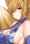  1girl alternate_costume animal_ear_fluff animal_ears bangs bare_shoulders blonde_hair blue_dress blush breasts china_dress chinese_clothes cleavage cleavage_cutout commentary_request detached_sleeves dress eyebrows_visible_through_hair fox_ears fox_tail hair_between_eyes large_breasts looking_at_viewer marota multiple_tails no_hat no_headwear short_hair simple_background sleeveless sleeveless_dress solo tail touhou upper_body white_background yakumo_ran yellow_eyes 