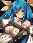  1girl bangs bare_shoulders blue_hair bow breasts choker cleavage commentary_request dizzy guilty_gear guilty_gear_xrd hair_between_eyes hair_ribbon highres large_breasts long_hair red_eyes ribbon sidelocks strap tail tail_bow takanashi-a yellow_ribbon 