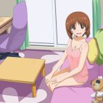  1girl a1 bandage bare_shoulders bed blush boko_(girls_und_panzer) breasts brown_eyes brown_hair cleavage collarbone eyebrows eyebrows_visible_through_hair girls_und_panzer hands_on_own_knees indoors looking_at_viewer medium_breasts nishizumi_miho on_bed open_mouth pillow shiny shiny_hair short_hair shorts sitting solo stuffed_toy table window 