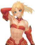  1girl abs arm_behind_head armpits bare_shoulders blonde_hair breasts clenched_teeth collarbone commentary_request detached_sleeves fate/apocrypha fate_(series) green_eyes highres looking_at_viewer medium_breasts midriff mordred_(fate) mordred_(fate)_(all) navel ponytail ranma_(kamenrideroz) short_hair simple_background smile solo teeth white_background 