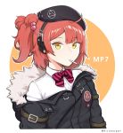  1girl beret candy food girls_frontline gun h&amp;k_mp7 hair_ornament hat highres jacket kyamagwi lollipop long_hair looking_at_viewer mp7_(girls_frontline) pink_hair shirt simple_background solo solo_focus submachine_gun weapon yellow_eyes 